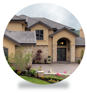 Round picture of two story house with shadow