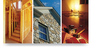 Triptych of Framing, Stone Exterior, & Laying Hardwood Flooring