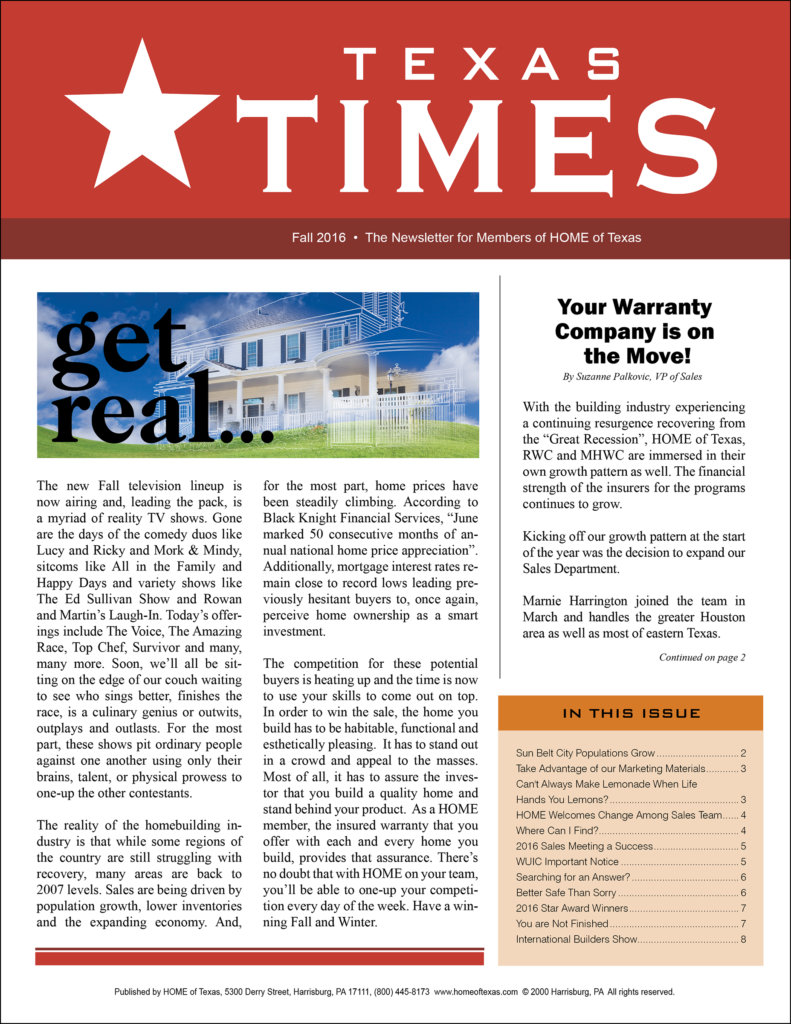 Texas Times newsletter for the warranty and building industry fall 2016