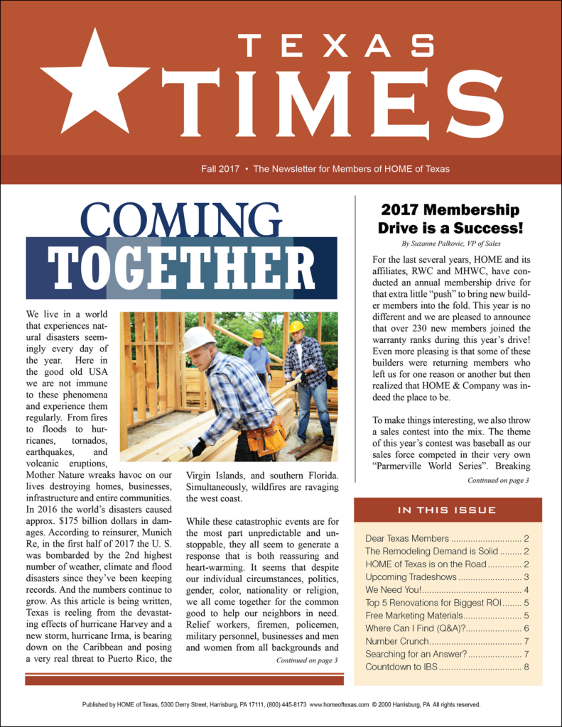 Texas Times newsletter for new construction warranty and building industry fall 2017