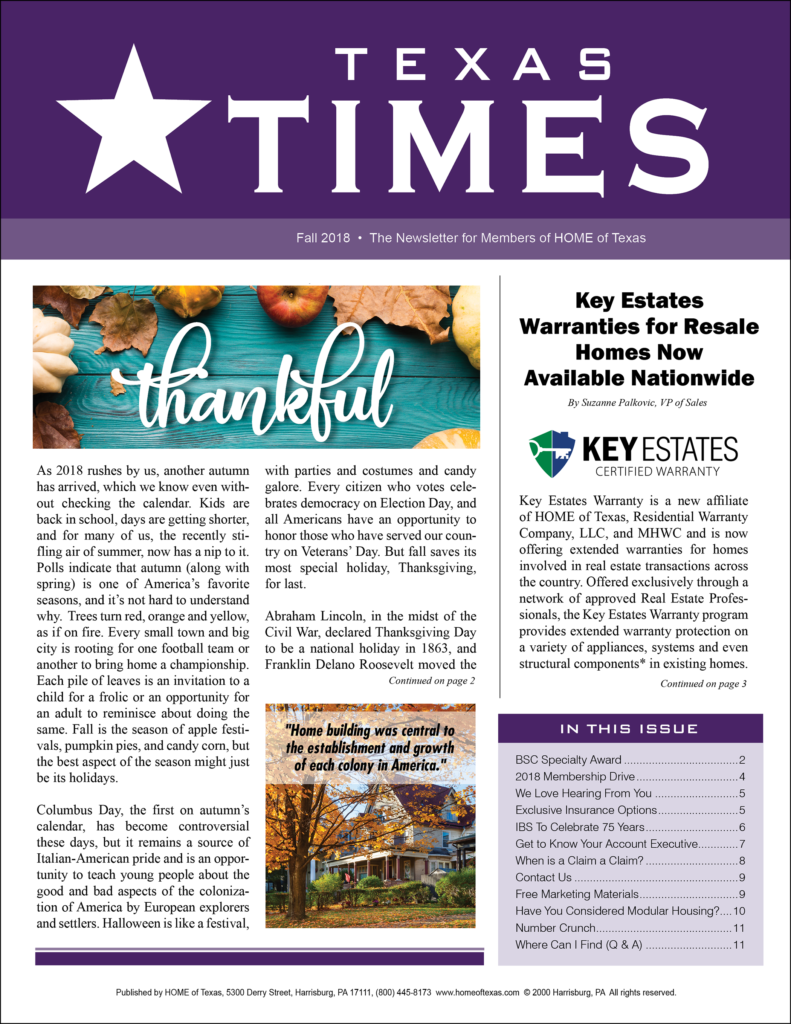 Texas Times newsletter for the warranty and building industry fall 2018