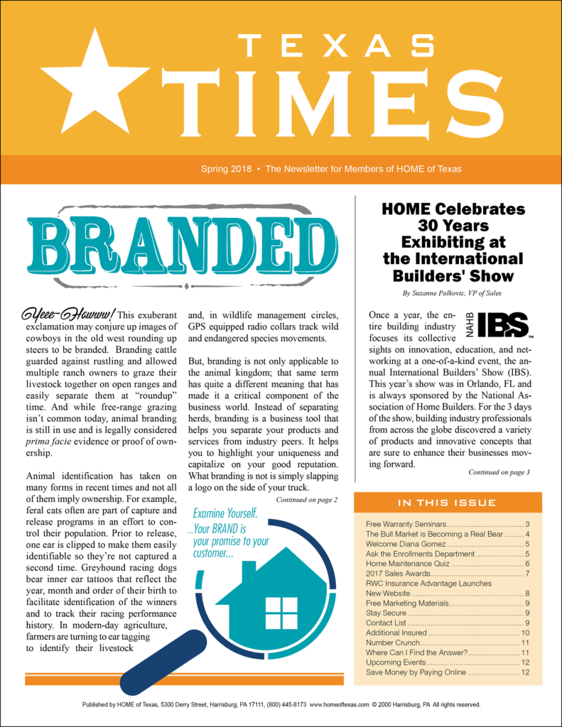 Texas Times newsletter for the warranty and building industry Spring 2018 issue